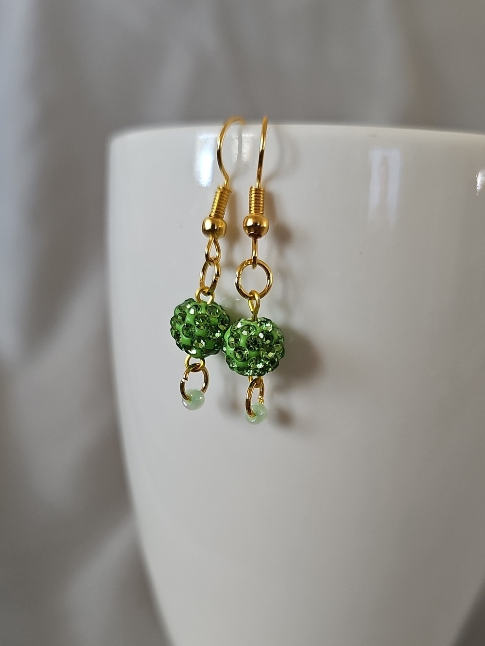 Gold Drop Earrings with Green Rhinestone Beads